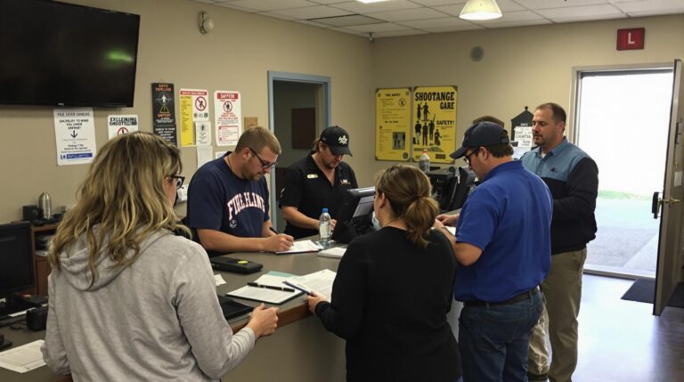 front desk area of a shooting range with guests filling out paperwork on clipboards