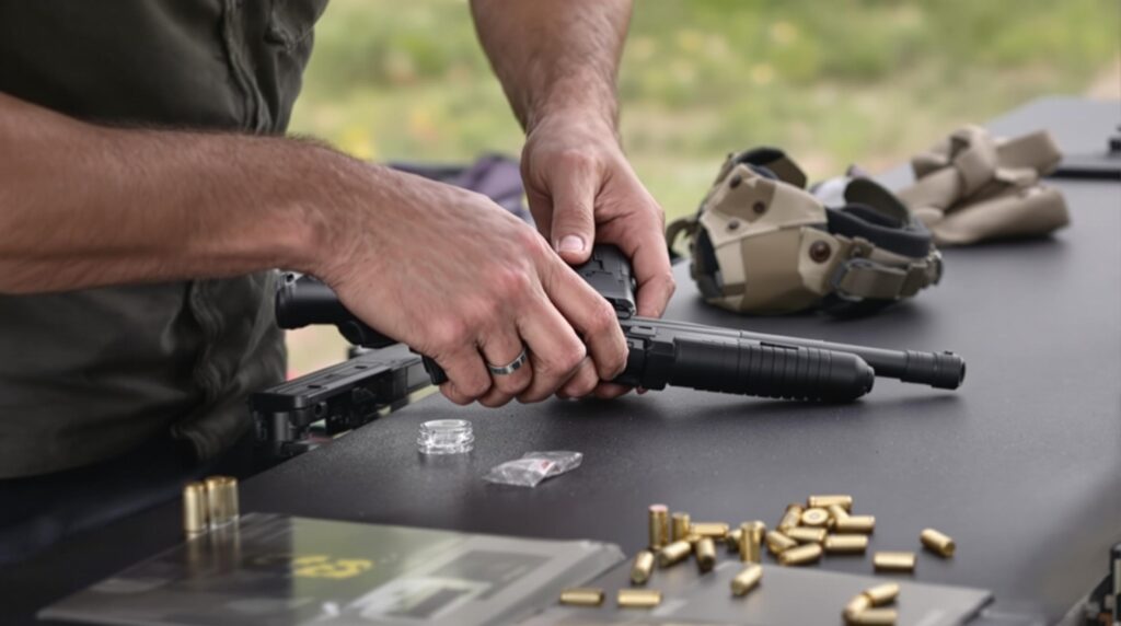 a shooter’s hands placing a firearm safely on a shooting bench