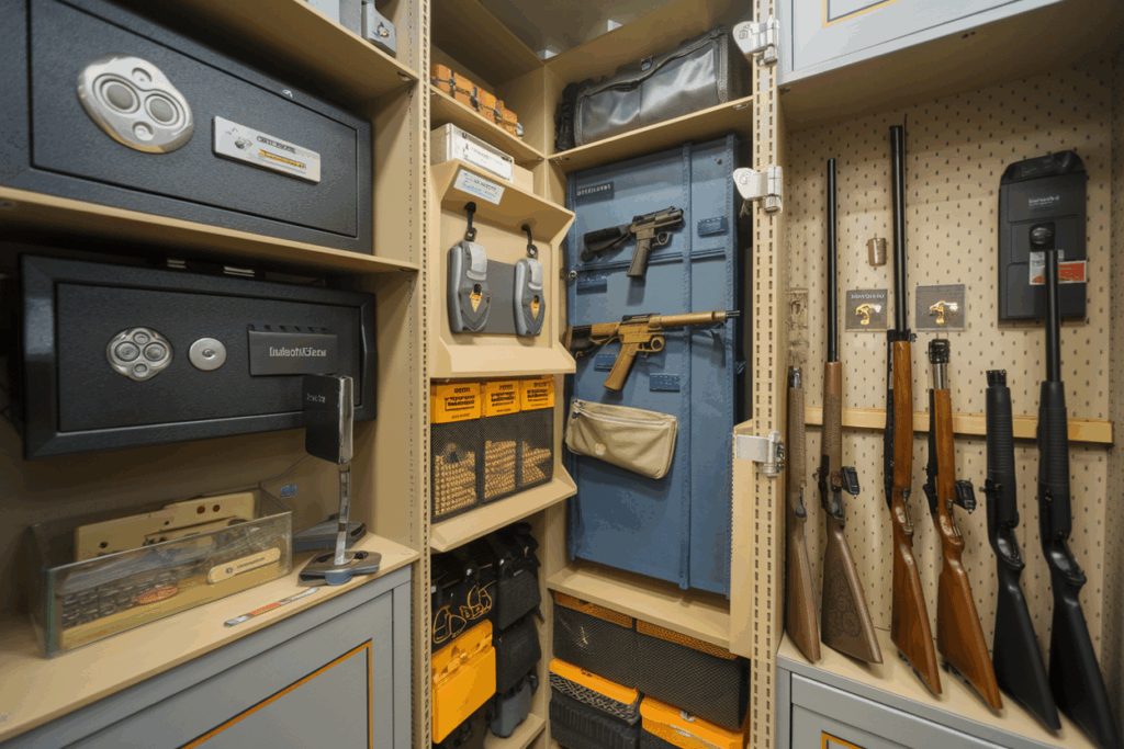 modern firearm storage solutions in a secure home environment. Display a variety of gun safes and lockboxes, including biometric safes, keypad-entry safes, and wall-mounted concealed storage.