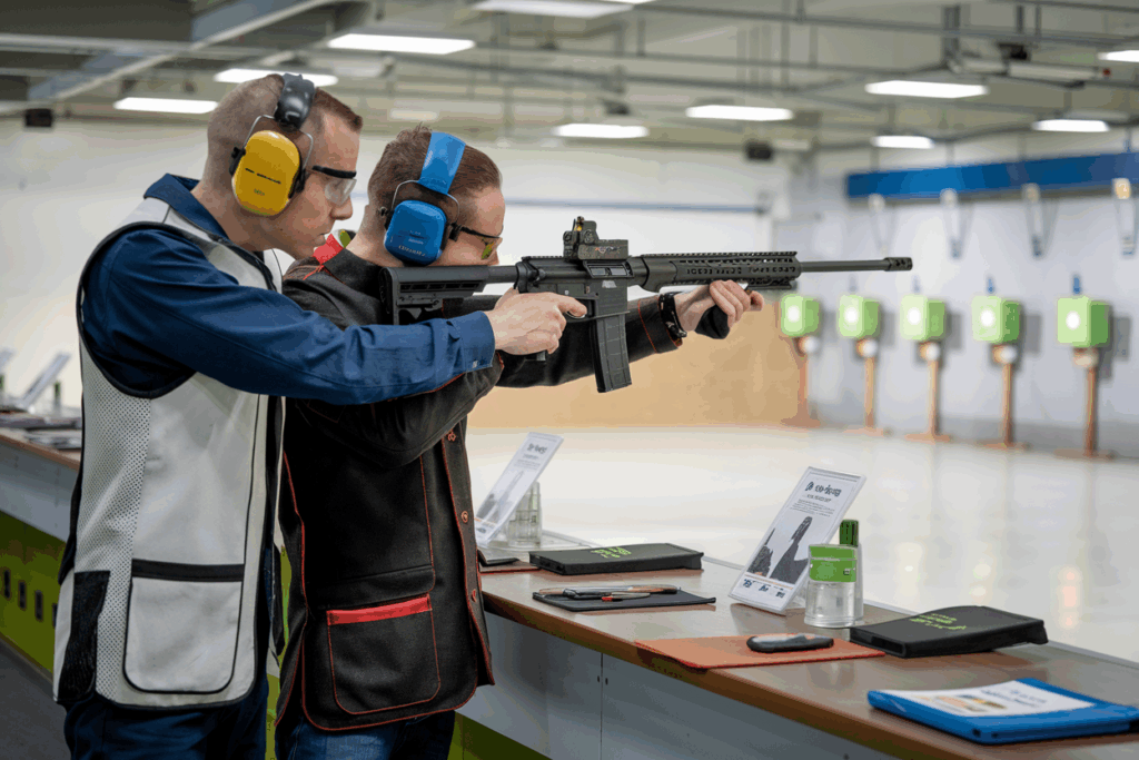 qualified instructor attentively coaching a single trainee, clearly demonstrating proper firearm handling, aiming, stance, grip, and safety techniques.