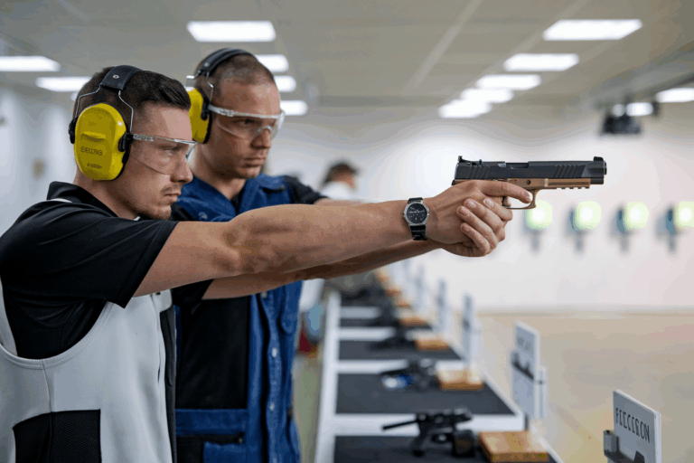 professional handgun instructor providing personalized one-on-one training to a student at a modern shooting academy.
