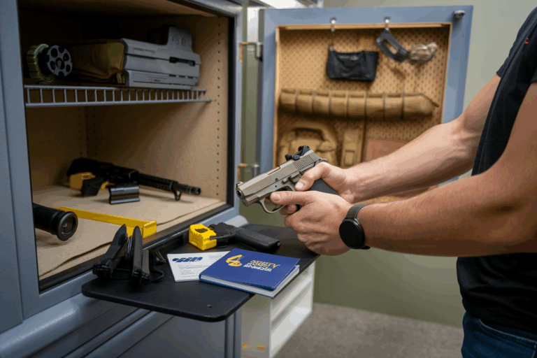 responsible gun owner practicing safe firearm habits in a home or range setting.