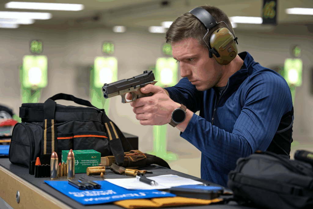  focused competitor preparing for an upcoming handgun shooting competition at a well-equipped indoor or outdoor shooting range.