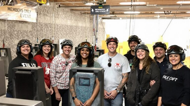 A smiling group of diverse adults at an indoor shooting range, wearing protective gear.