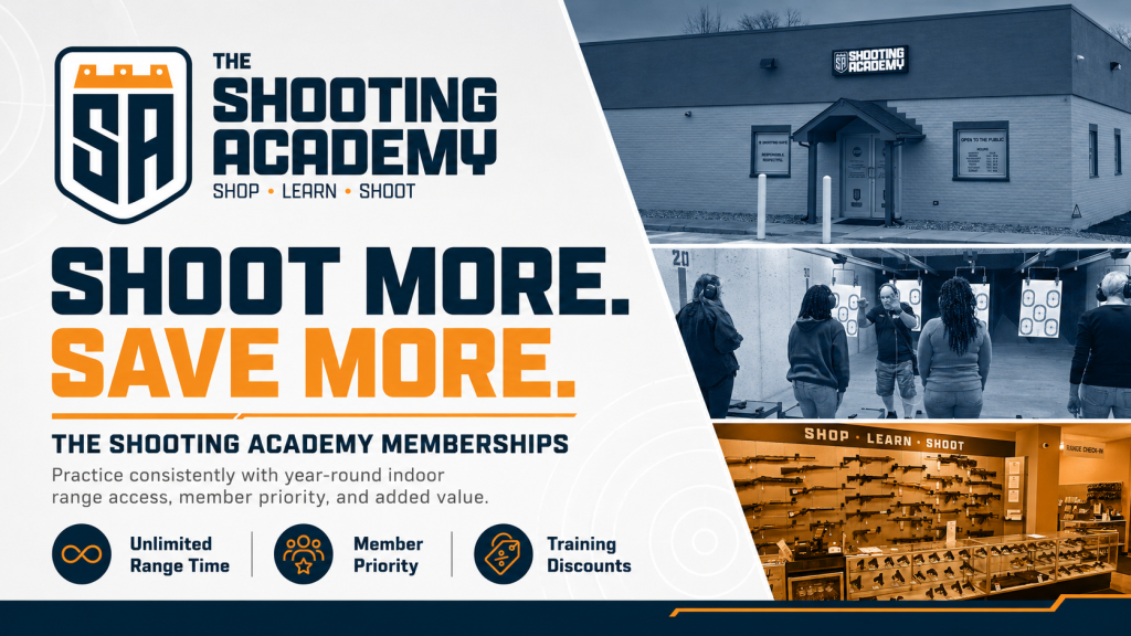 Membership graphic for The Shooting Academy in Westfield, Indiana showing Shoot More. Save More. and key member benefits including unlimited range time, member priority, and training discounts.